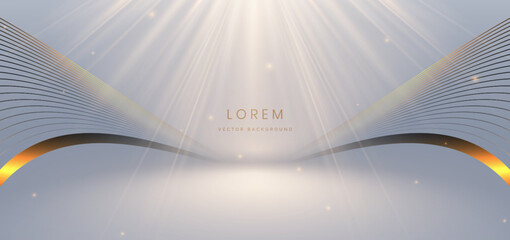 Luxury light gold ray on grey background with gold wave lines effect sparkle.