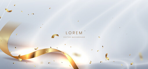 Abstract luxury white background with gold ribbon confetti effect sparkle. Celebration grand opening party happy concept.