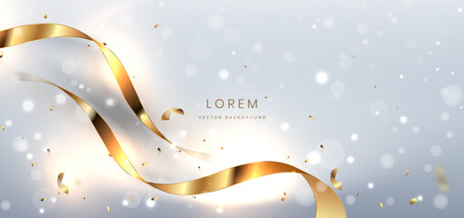 Abstract luxury white background with gold ribbon confetti effect and bokeh.