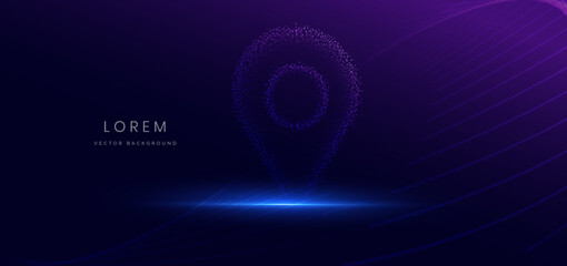 Particle glowing location pin icon on dark background. Technology futuristic medical concept.