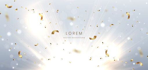 Abstract luxury white background with gold lighting and gold confetti effect and bokeh.