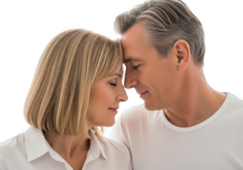 Mature couple in love, touching foreheads and closing their eyes in a tender moment, isolated on transparent background
