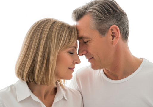 Mature couple in love, touching foreheads and closing their eyes in a tender moment, isolated on transparent background