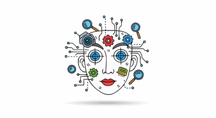 Obraz premium Intricate line drawing of a stylized face with gears and circuits, representing artificial intelligence. This artwork combines elements of technology and the human form.