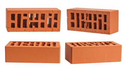 Four brick views on black hollow, terracotta, construction material for building walls, red, with rectangular holes