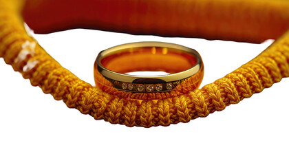 Golden ring adorned with small crystals resting on textured, woven fabric, set against a dark backdrop