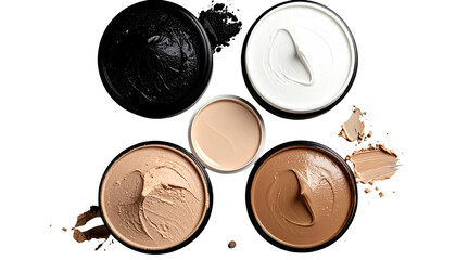 Assorted circular containers filled with cosmetic creams of different colors from light beige to black on black