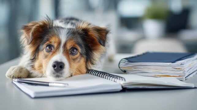 Office scene with dog and notebook for finance pet insurance notes and comic planning Advisor animal and brainstorming for schedule and fun activities