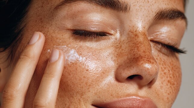 Joyful Latina model with freckles applying sunscreen or moisturizer for healthy hydrated skin on a white background vertical close up
