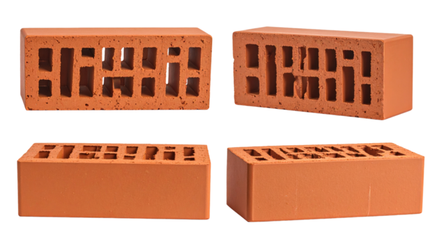 Four brick views on black hollow, terracotta, construction material for building walls, red, with rectangular holes