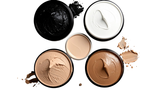 Assorted circular containers filled with cosmetic creams of different colors from light beige to black on black