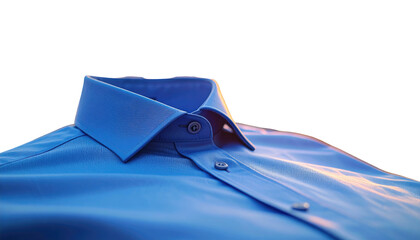 Close-up of a crisp, blue button-down shirt collar and upper chest, illuminated by warm, sunset-like light