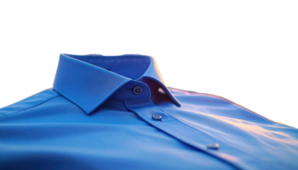 Close-up of a crisp, blue button-down shirt collar and upper chest, illuminated by warm, sunset-like light