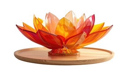 Translucent lotus sculpture in fiery hues on a light wood dish, isolated against a stark black backdrop