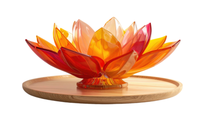 Translucent lotus sculpture in fiery hues on a light wood dish, isolated against a stark black backdrop