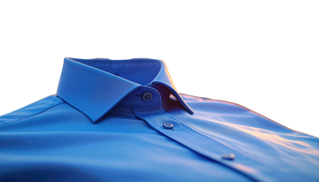 Close-up of a crisp, blue button-down shirt collar and upper chest, illuminated by warm, sunset-like light