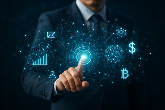 Businessman using virtual interface with financial icons for global network, data analysis, and digital innovation technology