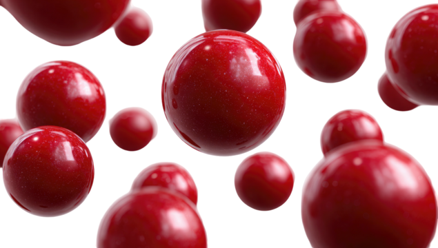 Abstract close-up of glossy red spheres floating against a stark black backdrop, emphasizing depth and light