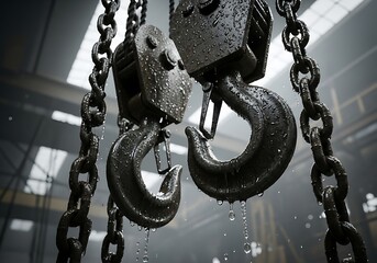 Aesthetic heavy lifting cranes industrial strength in gloomy wet factory