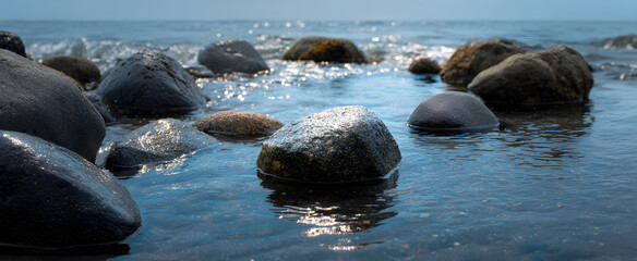 coastal rocks sparkling with damp glow close to the beach edge