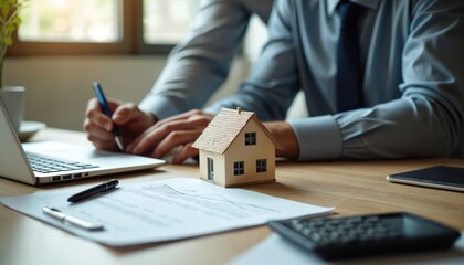 Man works at desk with toy house model papers calculator laptop. Pro plans real estate deal, signs mortgage documents, discusses property purchase, investment.
