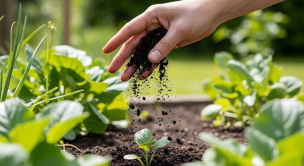 Gentle nurturing hand fertilizing a tiny green sprout with rich soil