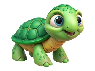 Fototapeta premium Cute cartoon turtle with big eyes and a green shell, isolated on white background