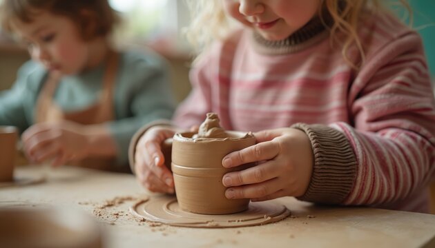 Little kids create art together in pottery workshop with wet clay. Cute girl sculpts small brown pot by hand. Children at school class learn craft, developing fine motor skills with fun educational