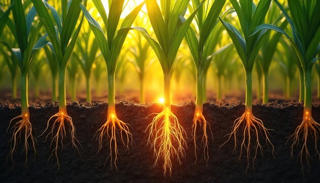 Image shows corn plants with roots in soil. Light illuminates roots and growth process. It represents agriculture ecology and farming. Healthy plants with vibrant leaves and detailed root system.