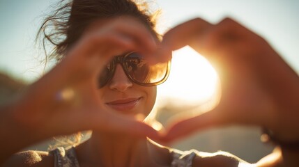Girl shapes a heart with her hands Warm summer sunlight fills my palms Explore unwind nature Heart symbol love well being Joyful girl forming a heart with her fingers Healthy h
