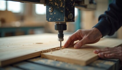 Carpenter uses automated CNC router machine to carve wood material in workshop. Precision cutting tool carves complex shapes, creating custom furniture parts. Skilled craftsmans hands guide workpiece.