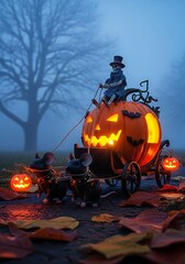 Mystical Halloween carriage with skeletal driver in hazy autumn landscape