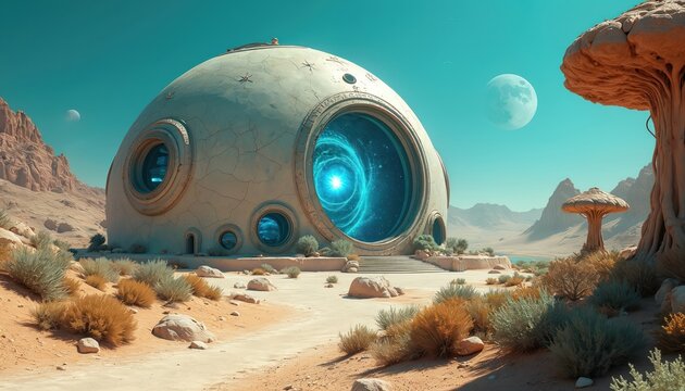Futuristic dome building on alien planet with swirling portal inside. Desert landscape with unusual flora and twin moons in sky. Advanced architecture on remote world. - Powered by Adobe