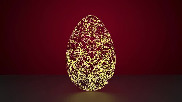 A glowing digital egg with intricate patterns on a dark red background. Captured from a low angle, perfect for a futuristic video concept. Live desktop wallpaper.