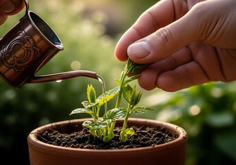 Nurturing sprouts with water from miniature watering can and hand holding