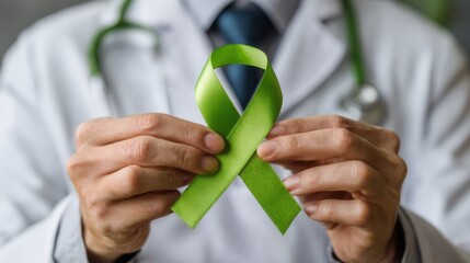 Physician with green ribbon for Lymphoma Awareness Month Mental Health Day and various cancers including liver gallbladder bile duct cervical and kidney Healthcare and cancer a
