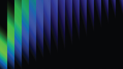 Modern abstract background with a glowing green to blue gradient on 3D vertical panels fading to black.