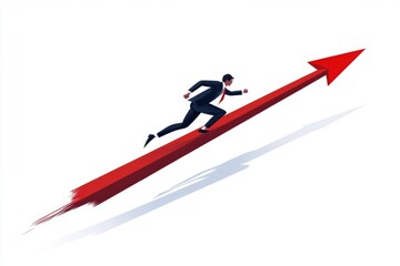3D icon of a red arrow pointing upward and a person in a suit and tie running up it, white background, no shadow, vector illustration, vector illustration 