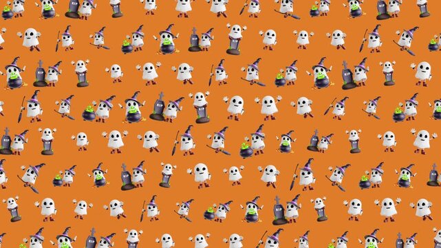 4K Cute Halloween ghost pattern animation spooky background seamless loop motion