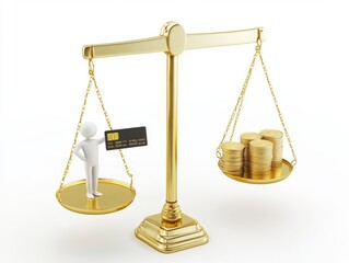 3D icon of two human figures on scales, on one scale the figure holds a big credit card in his hand and on the other scale the figure holds a stack of coins, on white background.