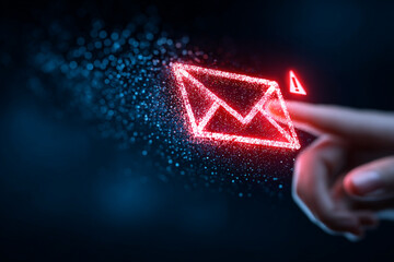 Glowing red digital envelope icon with warning symbol is being touched by finger, symbolizing email notifications, alerts, or cybersecurity concerns in futuristic digital environment