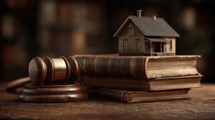 Home with a gavel and legal texts Concept of property law and auction 3D rendering