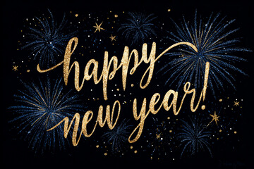 Golden glitter Happy New Year text with blue and gold fireworks on black background, creating festive and celebratory atmosphere