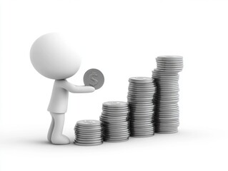 3D icon of a white man putting a coin into a stack of coins that are stacked in piles of coins in ascending order, side view, white background, vector illustration, clip art style