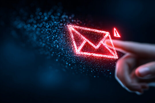 Glowing red digital envelope icon with warning symbol is being touched by finger, symbolizing email notifications, alerts, or cybersecurity concerns in futuristic digital environment