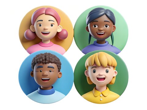 A group of diverse cartoon characters in circles isolated on white background, representing community and friendship