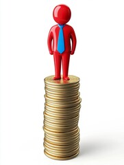 3D icon of a red man in a blue tie standing on top of a stack of gold coins on a white background. Vector illustration. Side view.