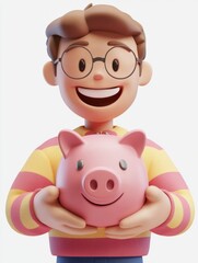 3D icon of a happy white man holding a piggy bank, white background, vector illustration, clip art style.