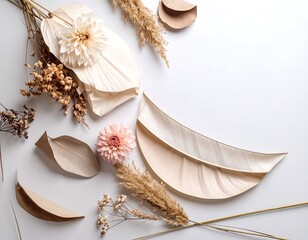 Elegant eco-friendly tableware arrangement with flowers and natural elements.
