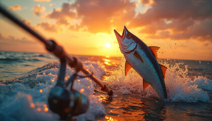 Fototapeta premium Large fish jumps from ocean water at fiery sunset. Fishing rod, reel in foreground show intense sport fishing action. Golden light illuminates sea waves. Dramatic moment captures thrilling angler